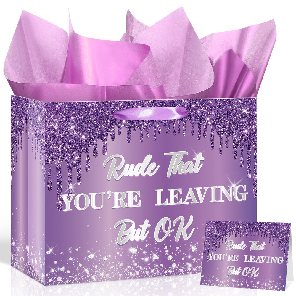 Farewell Going Away Gift Bags,Purple Silver Rude That You're Leaving But Ok Paper Bag with Wrapping Tissue Paper Greeting Card for Moving Away,Goodbye,Retirement,Coworker Leaving Party Supplies Present