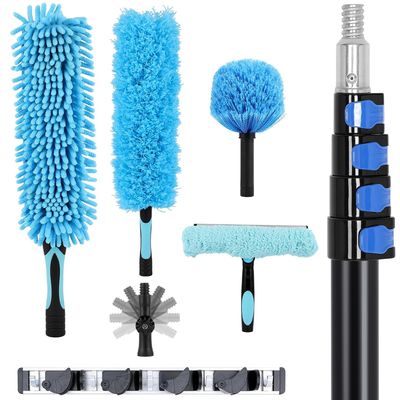 25ft High Reach Duster Kits, Heavy Duty High Reach Duster Kit for Cleaning, Spider Web Brush, Washable Dust Brush for High Roof and Glass Surfaces (with 5-12ft Extension Pole)