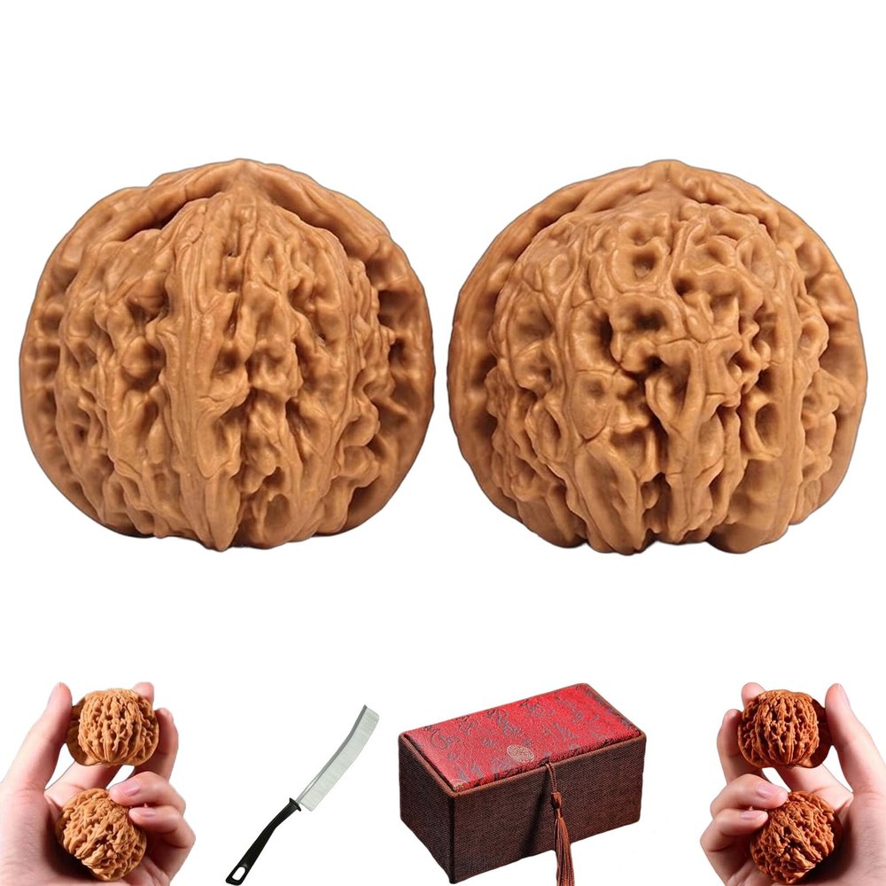 1 Pair Boutique Natural Wenwan Walnut Handball Health Grip Ball Palm Massage Chinese Walnuts for Stress Relief & Anxiety (Natural Wood Color,39 * 40mm)