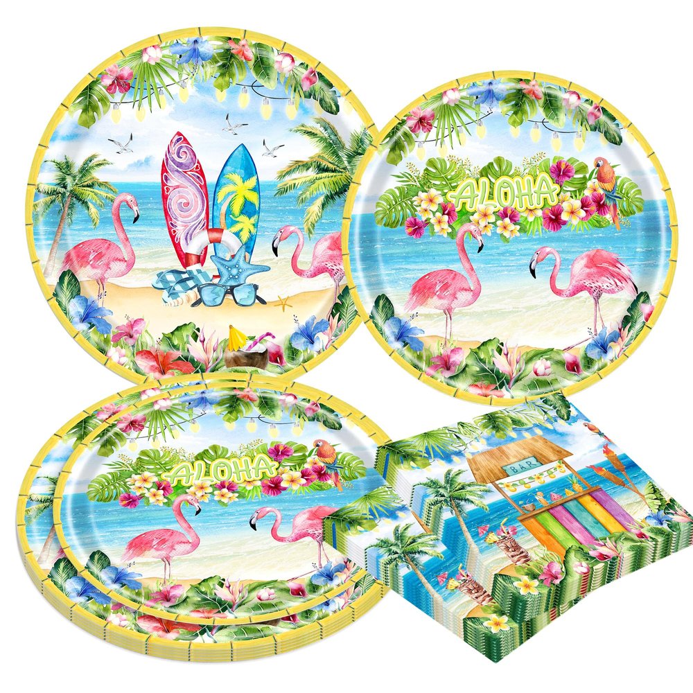 Hawaiian Tropical Plates and Napkins Beach Party Decorations Summer Pool Plates Tableware Set Aloha Bachelorette Pary Supplies