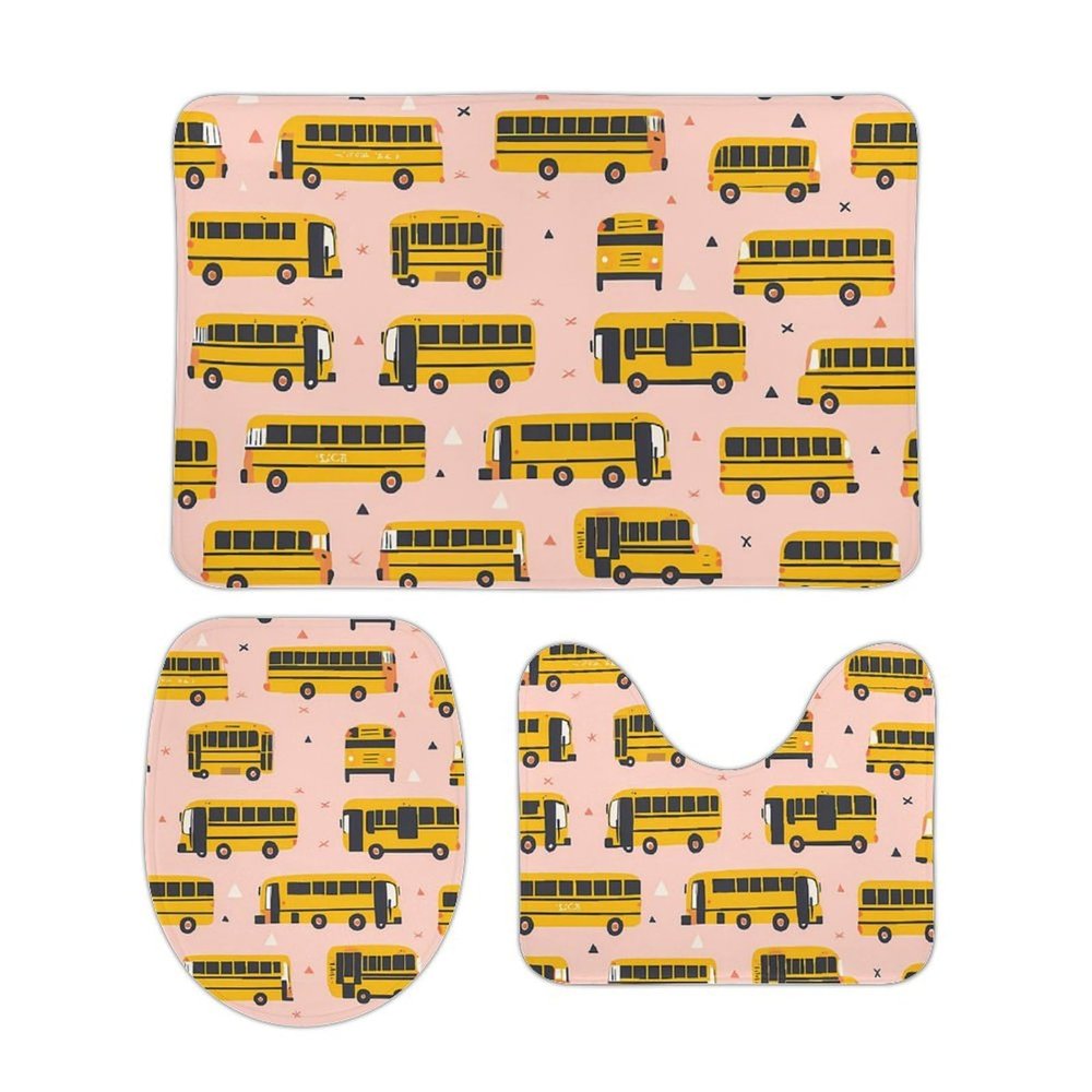 School Bus Coral Velvet Bathroom Floor Mat 3 Piece Non-Slip Bathroom Set Decor 15.7"x23.6"