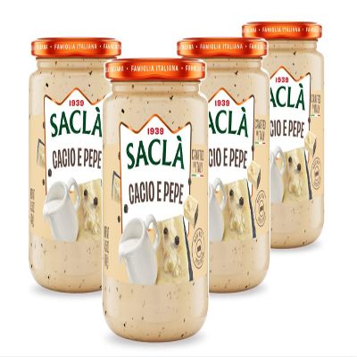 SACLA Cacio e Pepe Pasta Sauce 4-Pack | Authentic Italian Pecorino Romano Cheese & Black Pepper Pasta Sauce | FOUR 14.5 oz Jars | Made in Italy | Non-GMO | Creamy & Ready to Serve