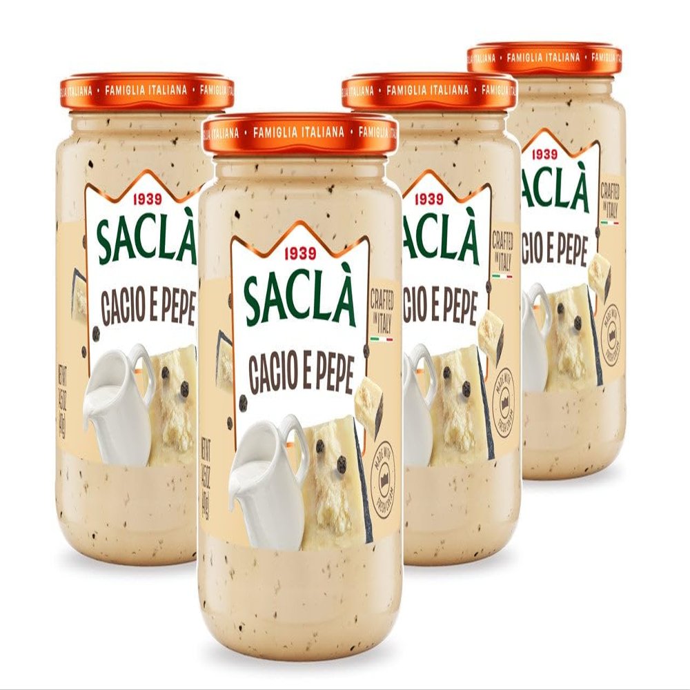 SACLA Cacio e Pepe Pasta Sauce 4-Pack | Authentic Italian Pecorino Romano Cheese & Black Pepper Pasta Sauce | FOUR 14.5 oz Jars | Made in Italy | Non-GMO | Creamy & Ready to Serve