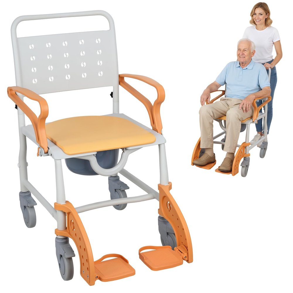 Foldable Shower Transfer Chair, Height Adjustable Bath Seat with Padded Backrest, Rust-Proof Aluminum Commode Wheelchair for Bathroom Safety Orange