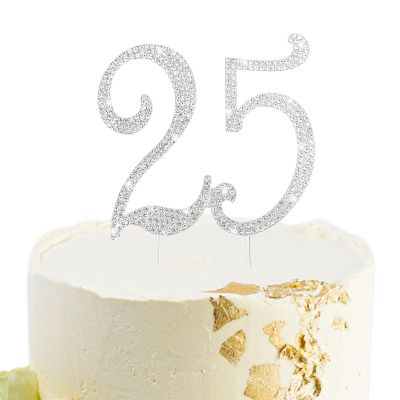 BAHABY Silver 25th Birthday Cake Topper Rhinestones Cake Decorations for 25th Birthday Party