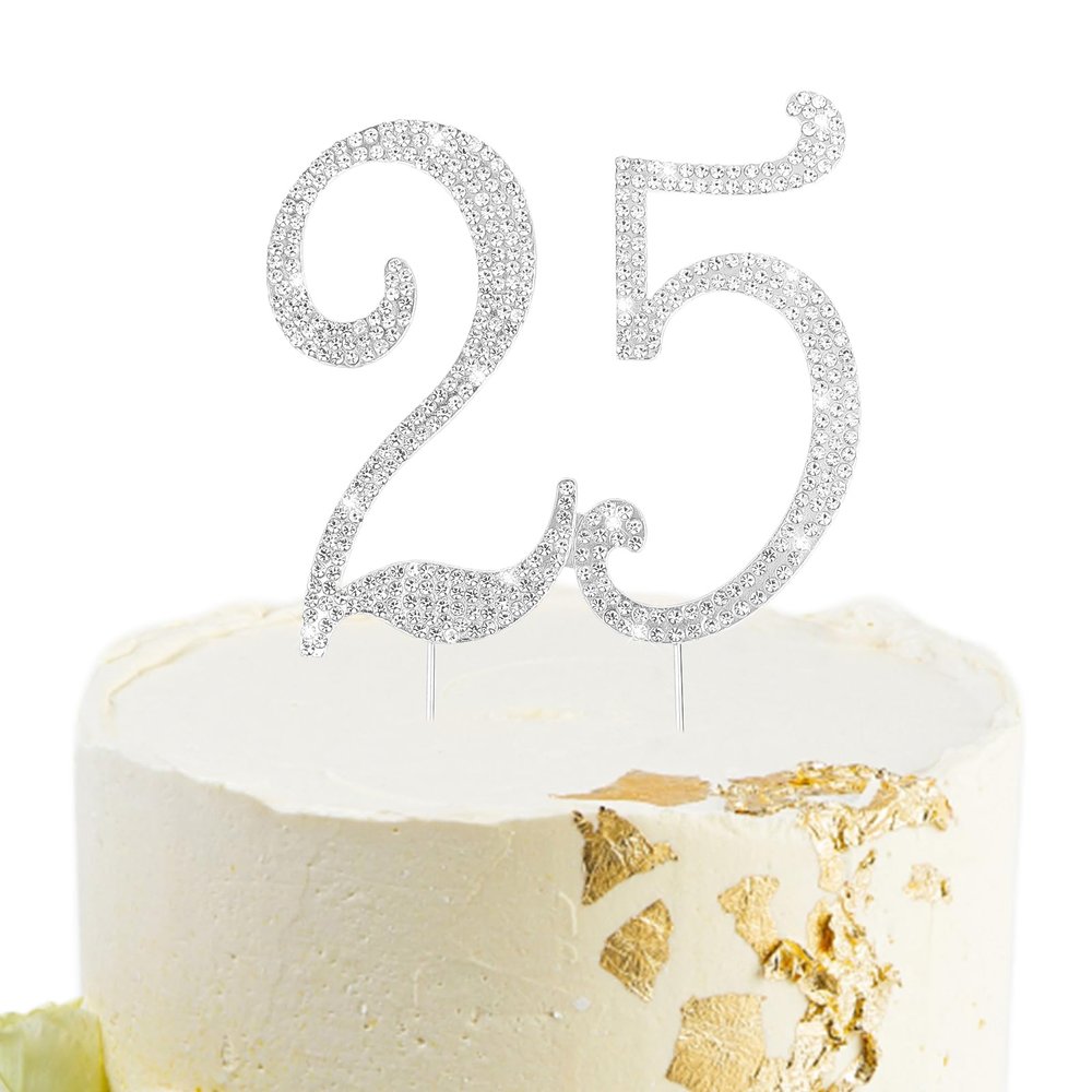 BAHABY Silver 25th Birthday Cake Topper Rhinestones Cake Decorations for 25th Birthday Party