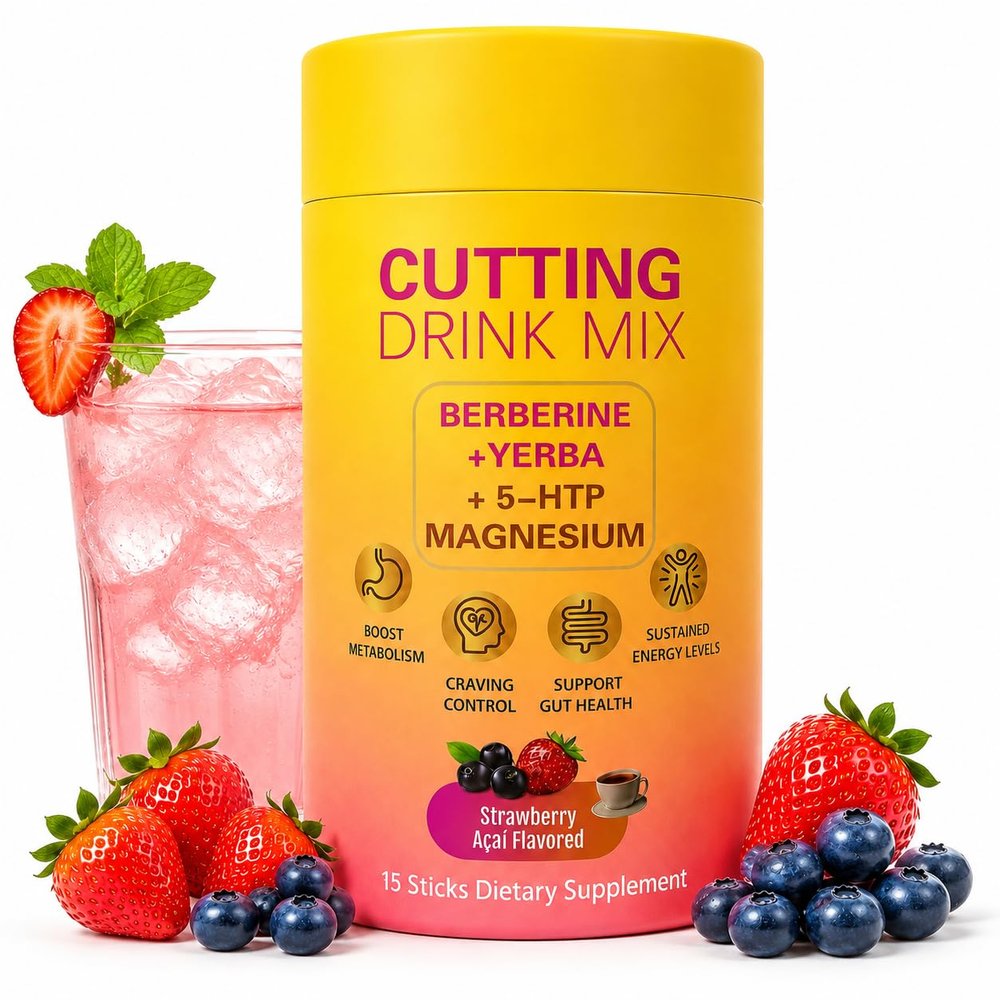 QYGCHUSIN Cutting Drink Mix, Gut Health & Energy Support with Berberine,5-HTP, Yerba Mate & Magnesium, Strawberry Acai Flavor, Vegan, Non-GMO,15 Servings