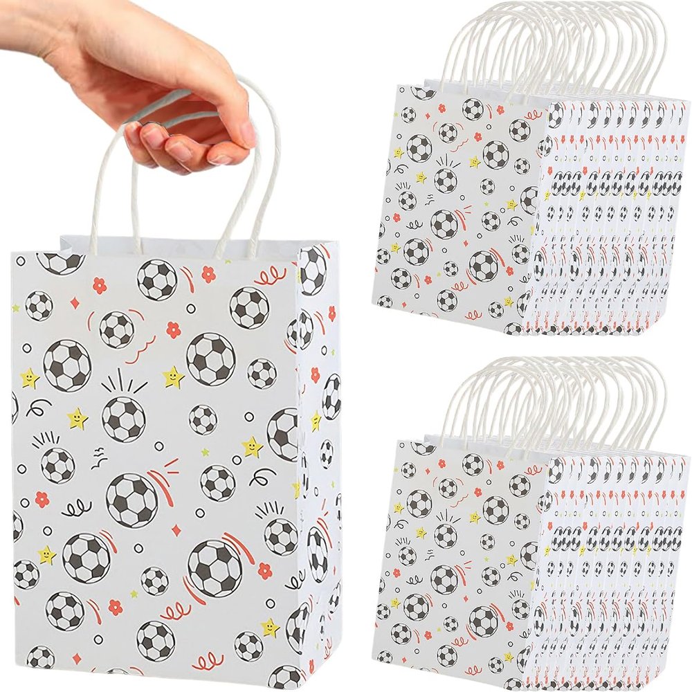 Rolpants 12Pcs Soccer Themed Paper Gift Bags with Twisted Handles, Bulk Soccer Print Party Favor Goodie Bags for Sports Birthday Game Day Party Supplies
