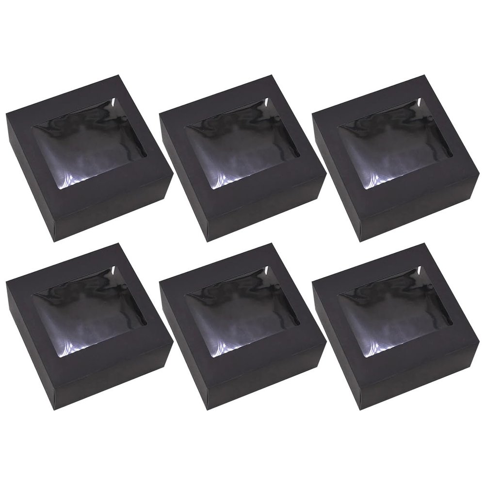 ECYC 6 Pcs 4.72x4.72x2.36 inch Kraft Boxes with Windows, Gift Packaging Box Cookie Boxes for Candy Cookies Wedding Party Favors, Black