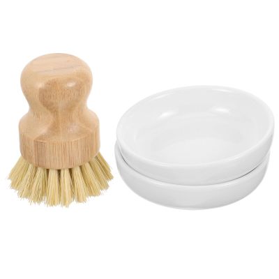 ROMISBABA Kitchen Pot Brush Set with Handle and Ceramic Draining Dish Palm and Sisal Fiber Scrub Brush for Cleaning Cookware and Vegetables Eco-Friendly Wood Material
