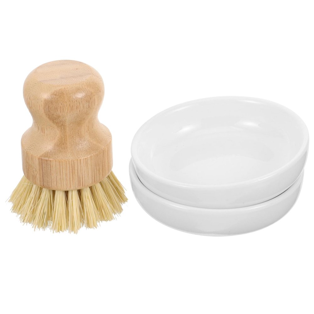 ROMISBABA Kitchen Pot Brush Set with Handle and Ceramic Draining Dish Palm and Sisal Fiber Scrub Brush for Cleaning Cookware and Vegetables Eco-Friendly Wood Material