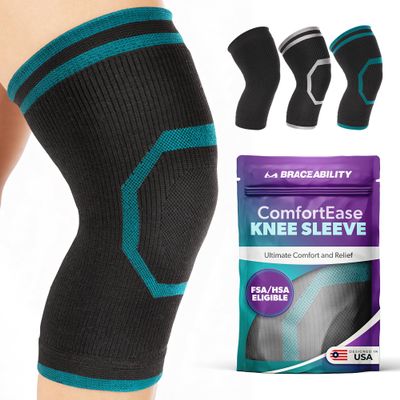 BraceAbility Knee Compression Sleeve for Women and Men - ComfortEase Knee Pain Brace Support for Arthritis, Swelling, Joint Stiffness, Recovery, All-Day Comfort and Relief (S - Black/Teal)
