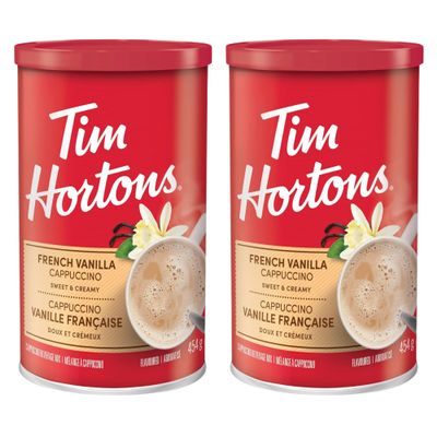 ZENVOIRA Gift Snack Box Tim Horton's Instant Cappuccino, French Vanilla, 16 Oz - Pack of 2, Instant Coffee Mix, Creamy Flavored Cappuccino Powder - Value Bundle Packed by ZENVOIRA