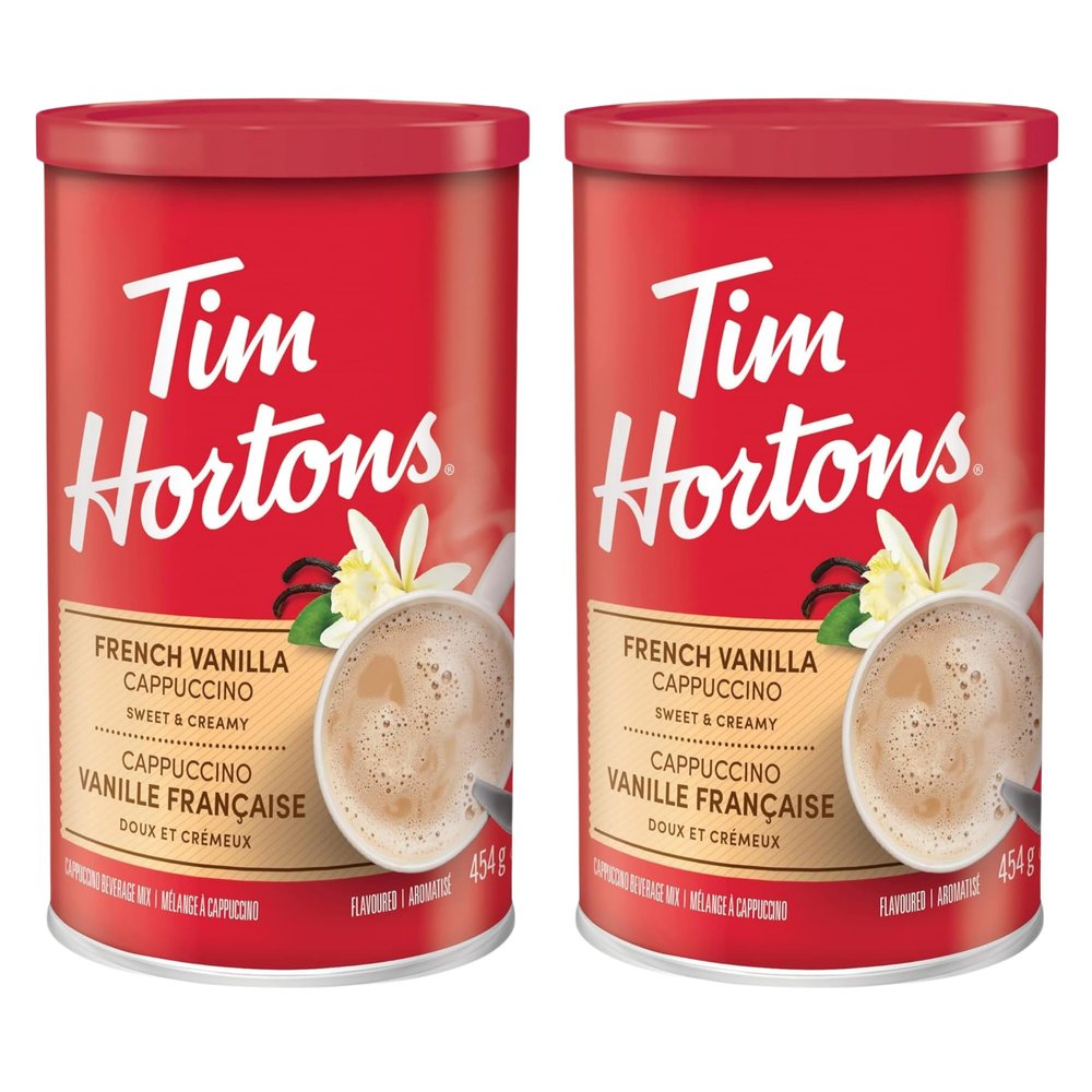 ZENVOIRA Gift Snack Box Tim Horton's Instant Cappuccino, French Vanilla, 16 Oz - Pack of 2, Instant Coffee Mix, Creamy Flavored Cappuccino Powder - Value Bundle Packed by ZENVOIRA
