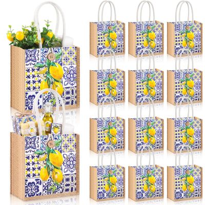 Abbylike 12 Pcs Floral Gift Bag Mini Reusable Flower Cielito Lindo Burlap Goodie Tote with Handle Button for Wedding Bridal Baby Shower Talavera Spring Party Favor (Blue White Porcelain Lemon)