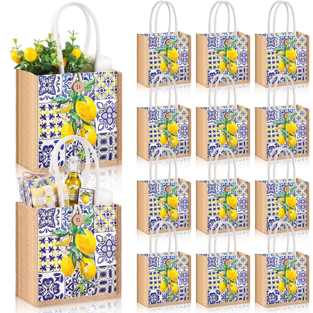 Abbylike 12 Pcs Floral Gift Bag Mini Reusable Flower Cielito Lindo Burlap Goodie Tote with Handle Button for Wedding Bridal Baby Shower Talavera Spring Party Favor (Blue White Porcelain Lemon)
