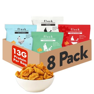 Flock Keto Chicken Skin Chips Sampler Bundle 4 Flavors, Low Carb, High Protein, Gluten-Free Chicken Crisps, Keto Snack, Low Carb Chips, Protein Crackers, Diet Snacks, 8-Pack (1oz)