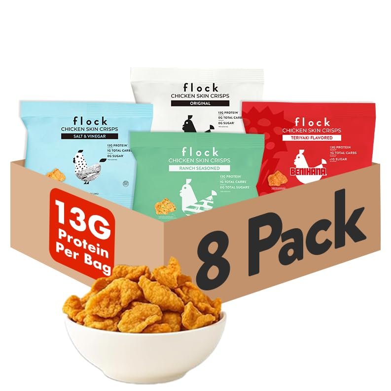 Flock Keto Chicken Skin Chips Sampler Bundle 4 Flavors, Low Carb, High Protein, Gluten-Free Chicken Crisps, Keto Snack, Low Carb Chips, Protein Crackers, Diet Snacks, 8-Pack (1oz)