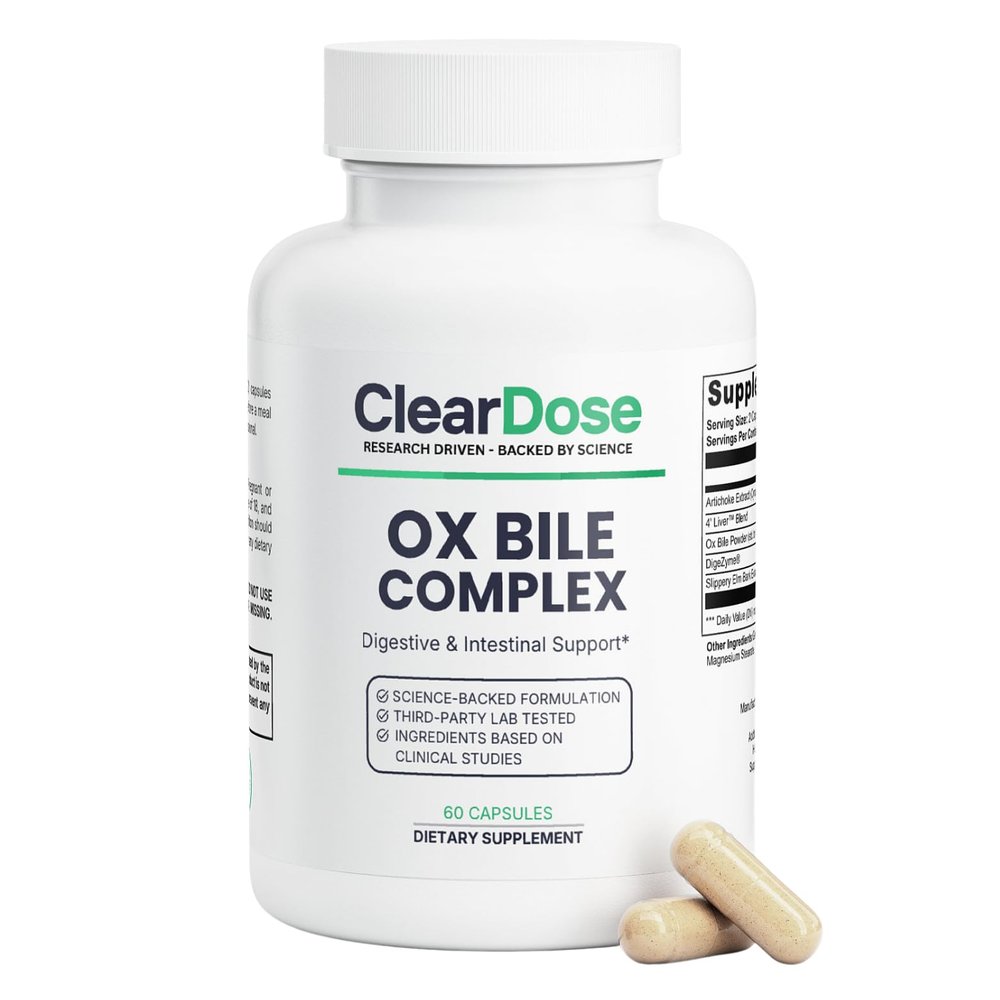 ClearDose Ox Bile Complex Post-Gallbladder Digestive & Fat Digestion Support with Artichoke Extract, DigeZyme & Liver Support 60 Capsules