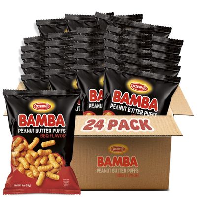 Osem Bamba BBQ Flavored Peanut Puffs - Savory BBQ Snack with Crunch, Vegan Puffed Protein Snack, Oven Baked, Kosher, No Added Sugar, Savory Seasoning - 24 pack 1oz Bags