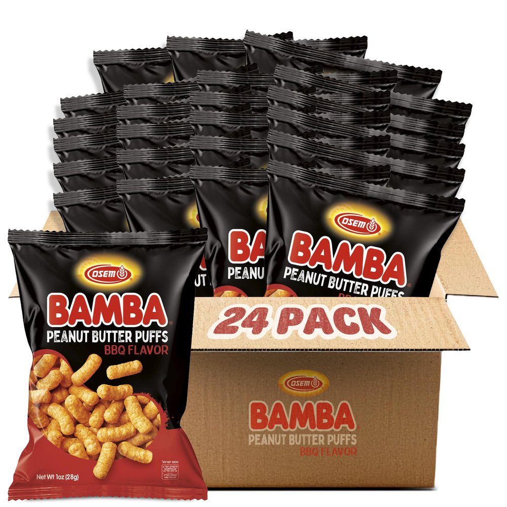 Osem Bamba BBQ Flavored Peanut Puffs - Savory BBQ Snack with Crunch, Vegan Puffed Protein Snack, Oven Baked, Kosher, No Added Sugar, Savory Seasoning - 24 pack 1oz Bags