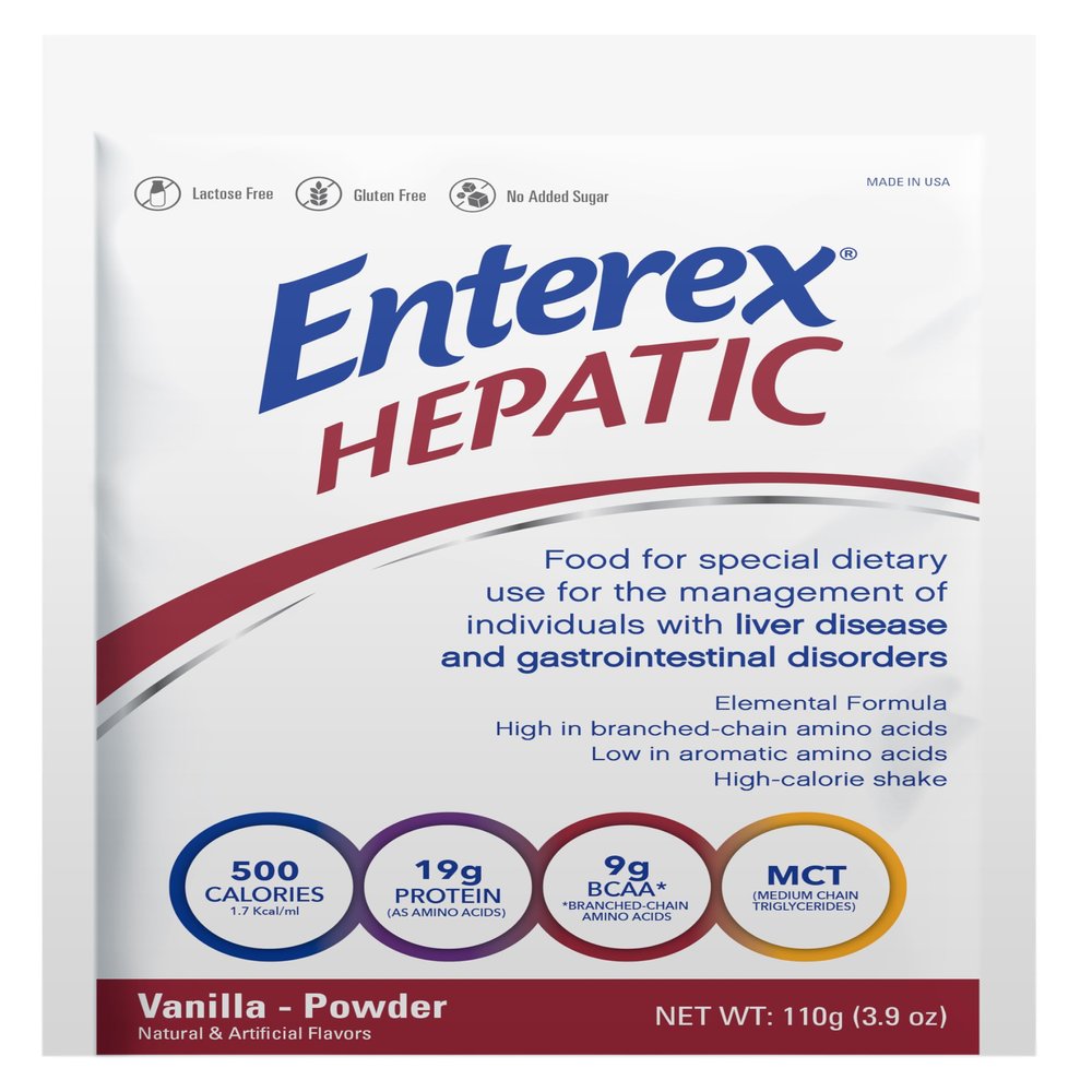 Enterex Hepatic Elemental Nutrition Powder - High Calorie Amino Acid Formula with BCAA & MCT - Specialized Nutritional Shake, Vanilla (110g) - 24 Packets