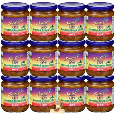 Sadie Salsa Hot Roasted Green Chile 16 oz Salsa Verde Style Condiment, Bold Green Pepper Flavor, Spicy Blend, Pantry Staple 12 pack with Bag Clip