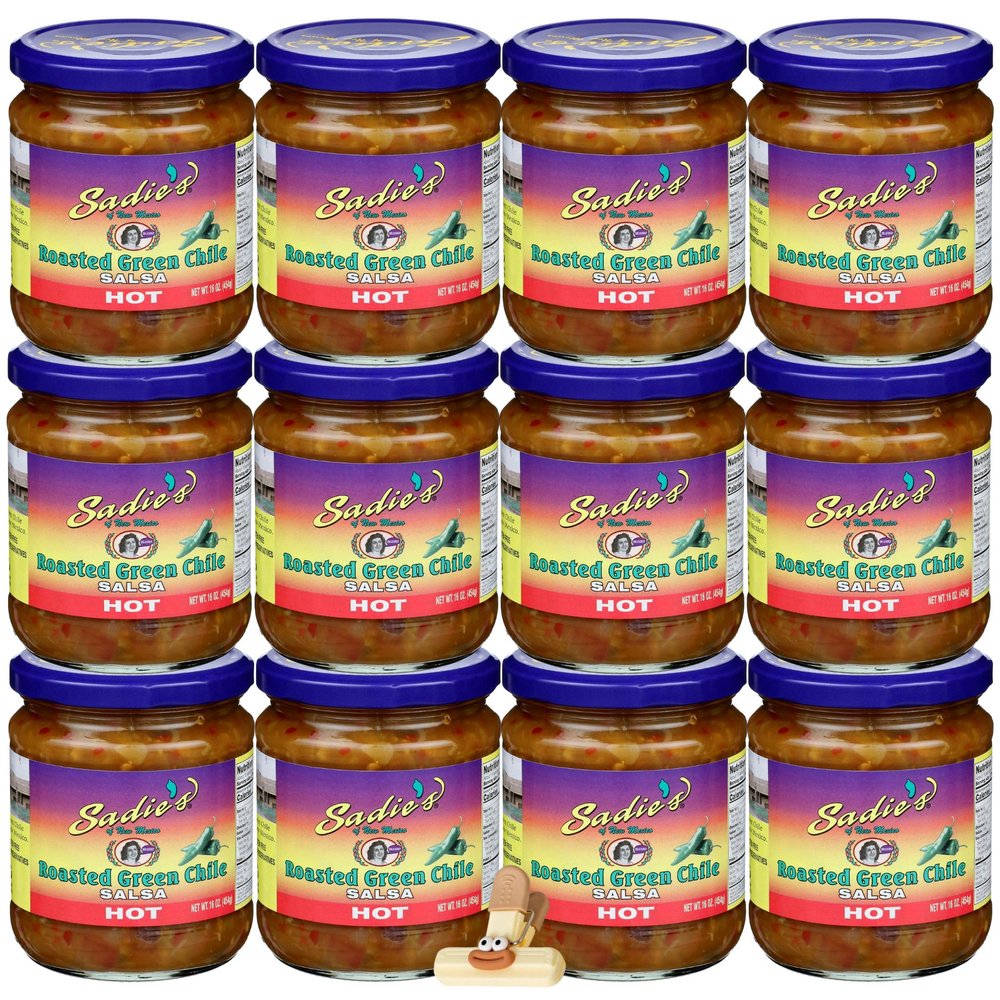Sadie Salsa Hot Roasted Green Chile 16 oz Salsa Verde Style Condiment, Bold Green Pepper Flavor, Spicy Blend, Pantry Staple 12 pack with Bag Clip