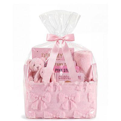 Yiyiring Pink Bow Storage Basket with Handles for Gifts 14 x 11 in Large Bow Basket for Nursery Living Room with Clear Gift Bags and Pink Bows for Wedding Baby Shower Brithday Graduation Party Supply