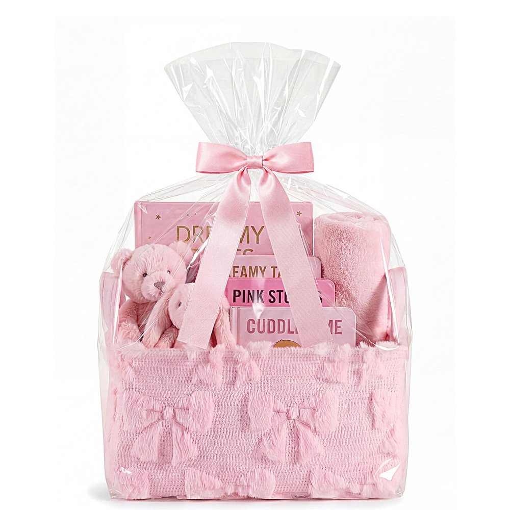 Yiyiring Pink Bow Storage Basket with Handles for Gifts 14 x 11 in Large Bow Basket for Nursery Living Room with Clear Gift Bags and Pink Bows for Wedding Baby Shower Brithday Graduation Party Supply