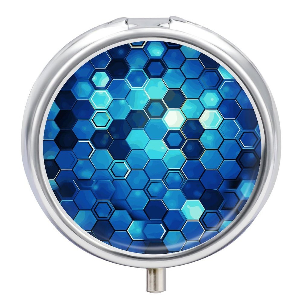Blue Hexagon Pill Organizer Portable Metal Round Pill Box with 3 Compartments Exquisite Unique Small Pill Case Travel Pill Container Medicine Organizer Box for Adult & Gift