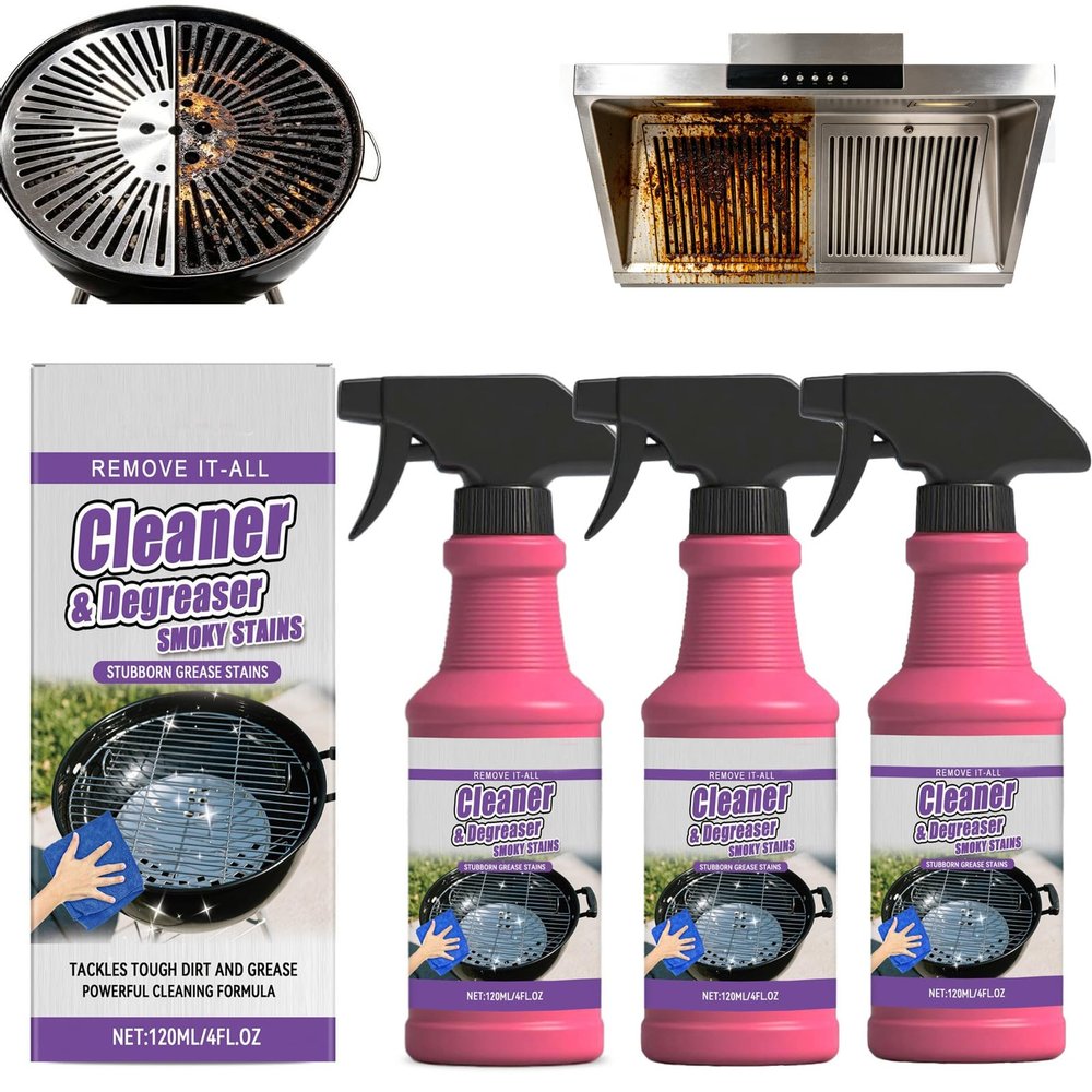 Fast-Acting Heavy-Duty Grill Degreaser Spray, BBQ Cleaner for Outdoor Grills & Smokers, Safe for Burnt Food & Grease, Heavy Duty Cleaner for Stove Top, Drip Pans & Stubborn Splatters (3pcs)
