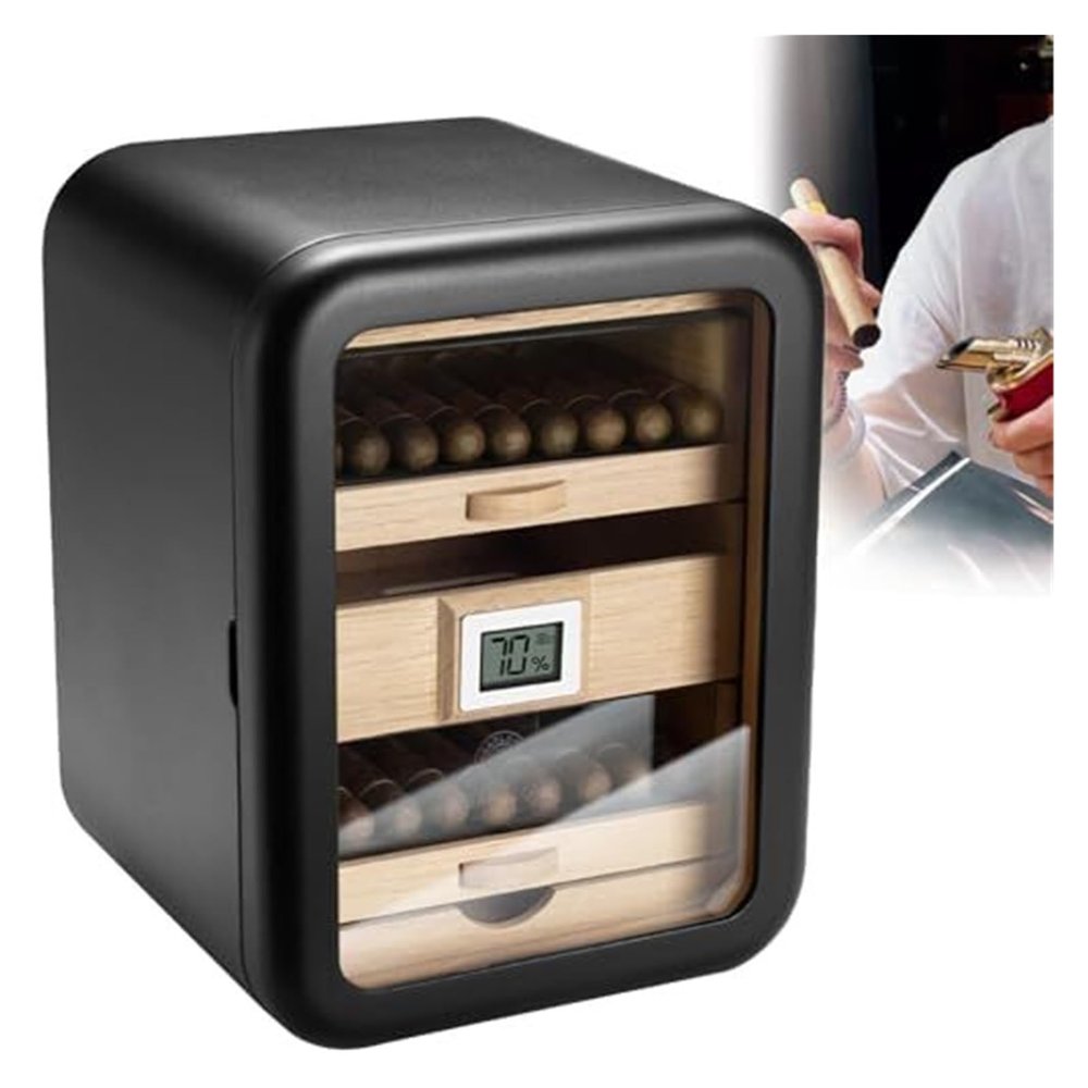 110 Cigar Desktop Humidor Cabinet with Spanish Cedar Lining and Digital Hygrometer, Large Storage Drawers and Glossy Ebony Finish, Tabletop(Black,WithoutSkylight)