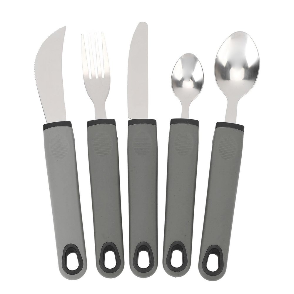 5pcs Adaptive Cutlery Set, Anti Shake Adaptive Utensils with Non Slip Handle, Wide Grip Flatware for Elderly, Includes Fork Spoon Cutter Set for Arthritis and Tremor (Grey)