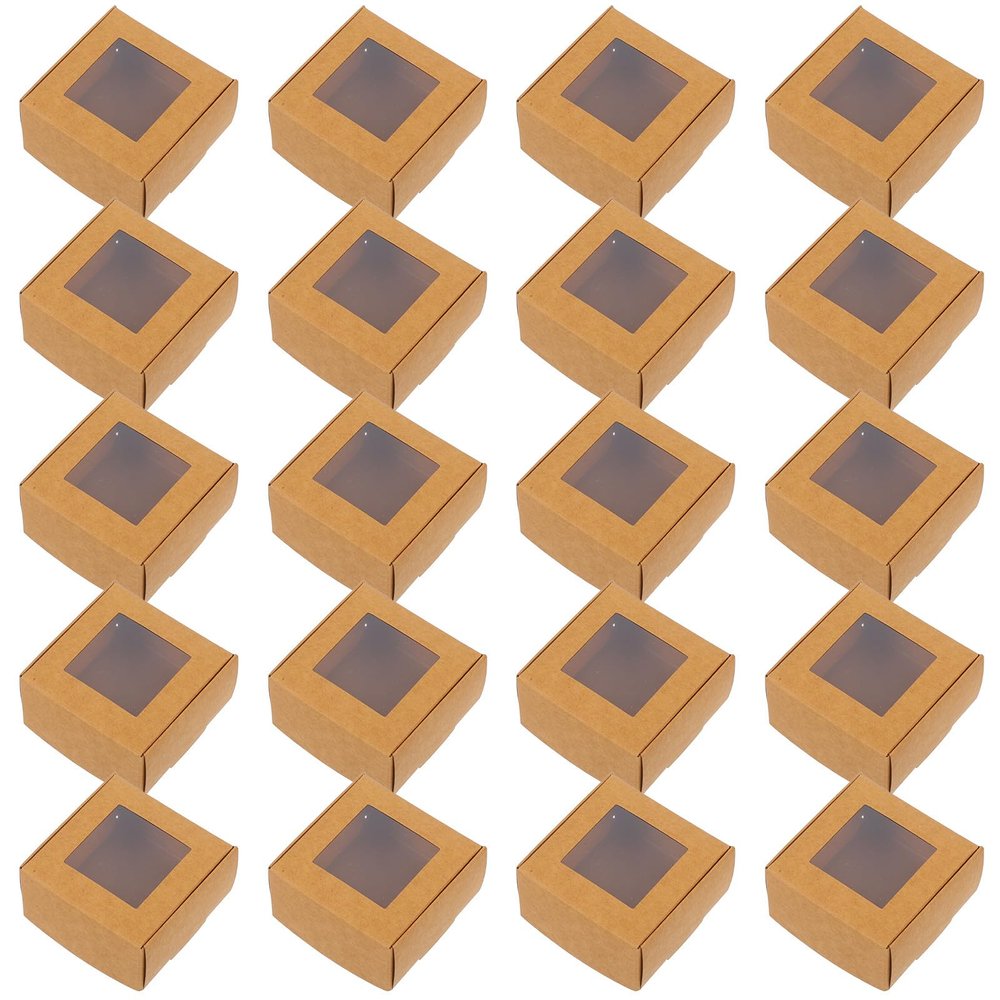 Yardwe 50pcs Kraft Paper Small Boxes with Window, Thick Paper Soap Packaging Boxes 7.5x7.5x4cm for Party Favors, Homemade Soap, Pastry, and Bridesmaids Presents