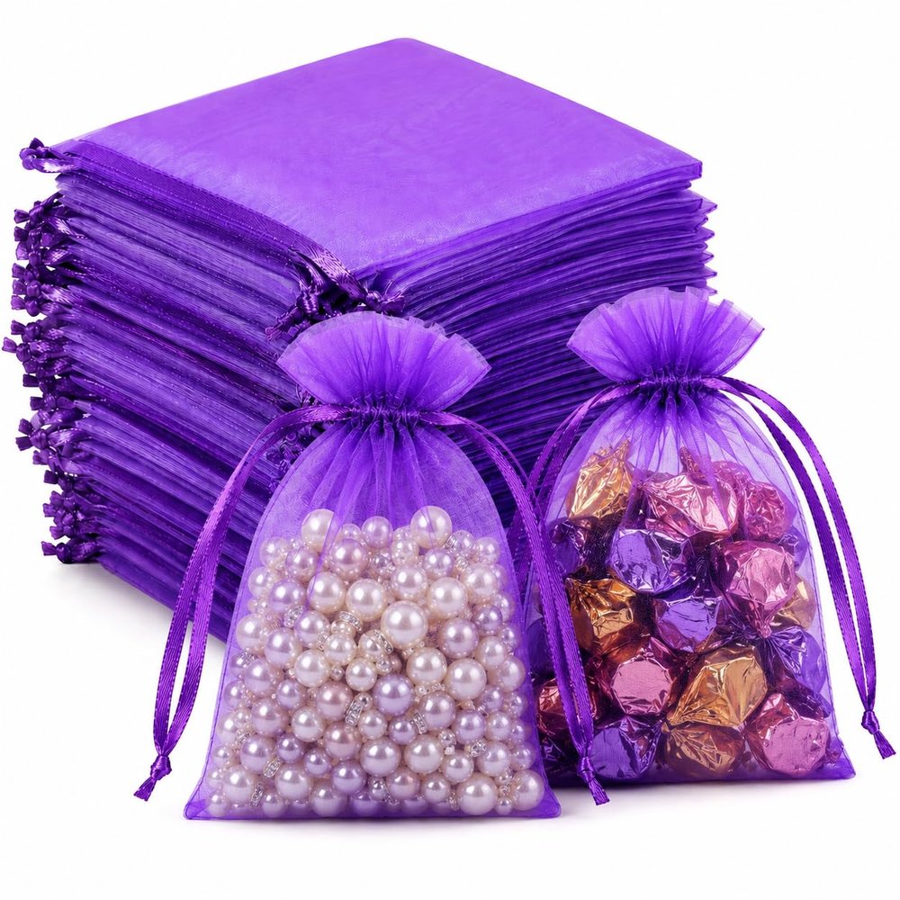 Hopttreely 50pcs Purple Organza Bags, 4x4.72 inch Mesh Bags Drawstring Gift Bags Jewelry Pouches for Candy Wedding Favors Christmas, Bridal Showers, Candy, Jewelry & Goodie Bags