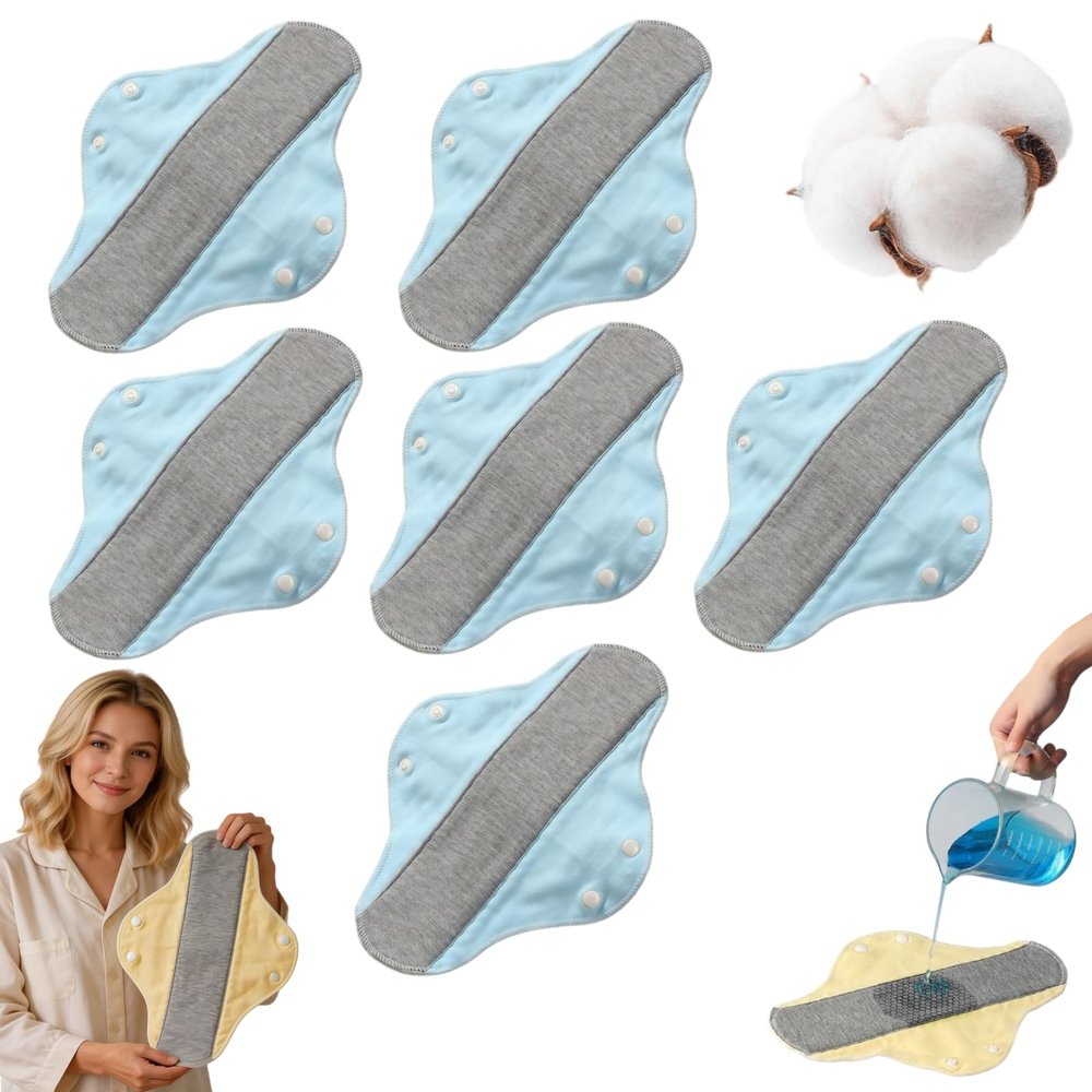 100% Cotton Reusable Sanitary Pads Leak Proof Cloth Menstrual Pads for Women, Heavy Flow Overnight Protection, Ultra Soft Breathable Postpartum Incontinence Pads, Washable (Blue 6pcs)