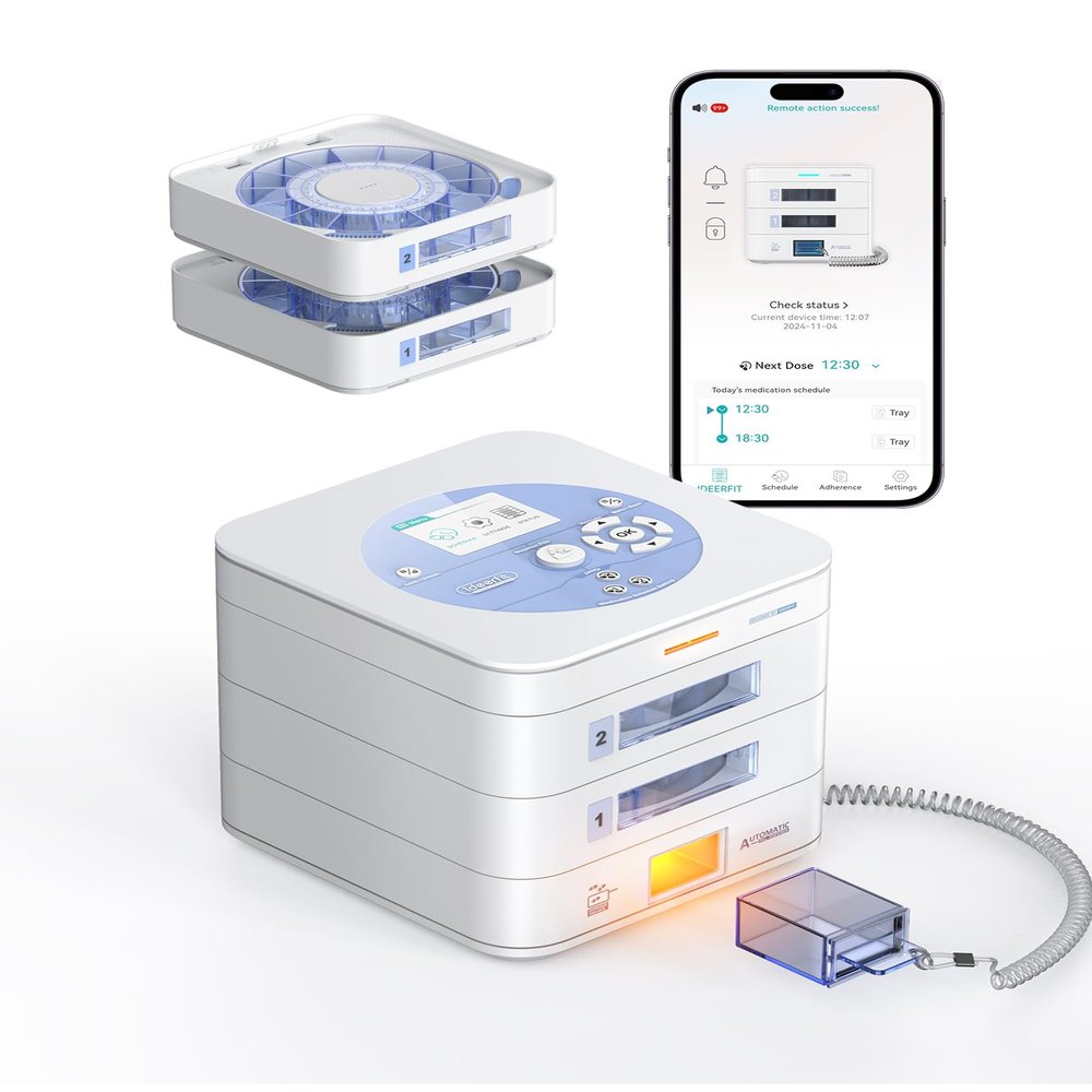 28-Day Automatic Pill Dispenser (1X Daily, 2-Tray) with App & On-Device Setup, LCD Display, Digital Lock, Sound & Light Alerts Smart Medication Organizer for Seniors & Caregivers (White)