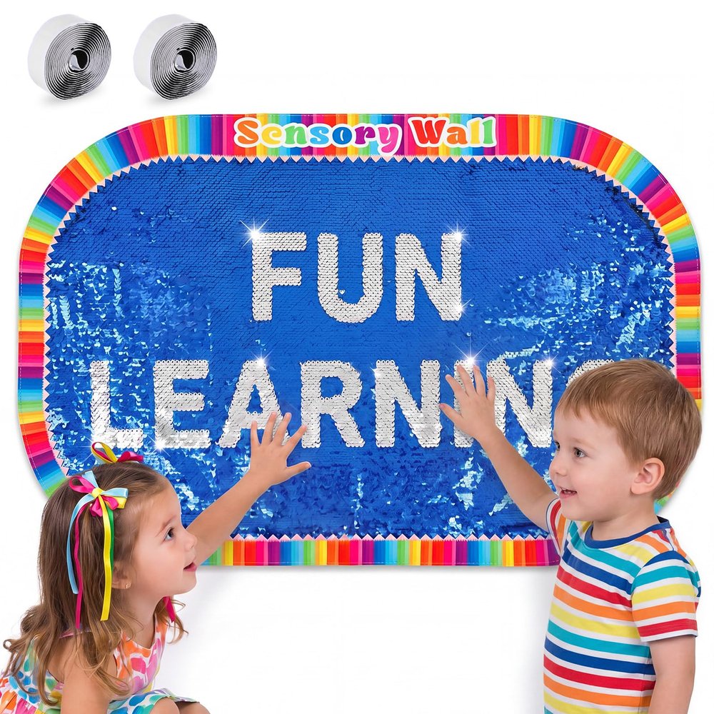 Hahafelt 42x30 in Sensory Wall Panel for Kids Sequin Flip Fabric Gift Large Sensory Graffiti Reversible Sequin Fabric for Toddler Daycare Kids Stocking Stuffer Classroom (Blue,Oval Shape)