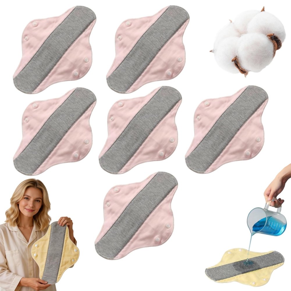 100% Cotton Reusable Sanitary Pads Leak Proof Cloth Menstrual Pads for Women, Heavy Flow Overnight Protection, Ultra Soft Breathable Postpartum Incontinence Pads, Washable (Pink 6pcs)