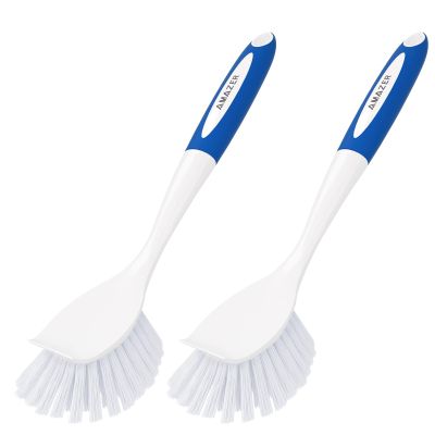 Amazer Dish Brush with Handle, 2 Pack Kitchen Scrub Brushes with Built-in Scraper for Cleaning, Dish Scrubber with Stiff Bristles for Sink, Pots, Pans (Blue+Blue)