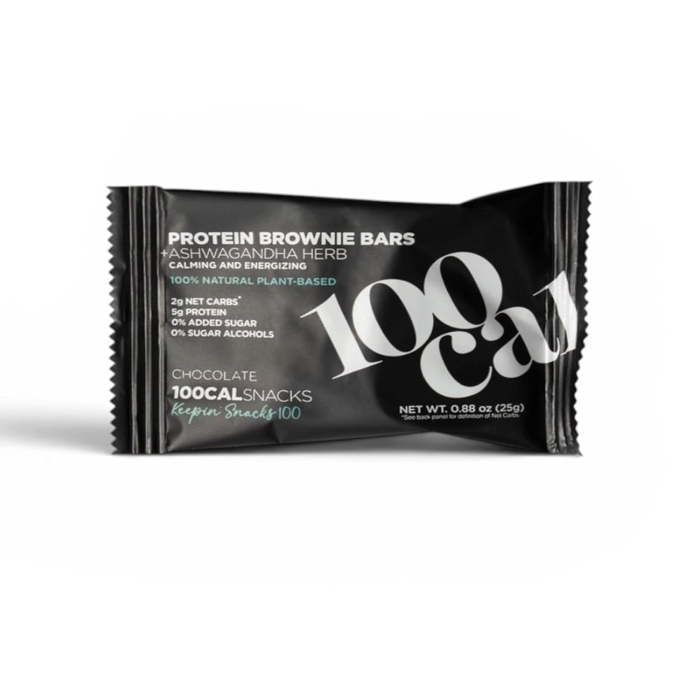 100Cal Snacks Chocolate Brownie Protein Bar, 100 Calories, 5g Plant Protein, 2g Net Carbs, Gluten Free, Ashwagandha Adaptogen, 8 Count (Pack of 1)