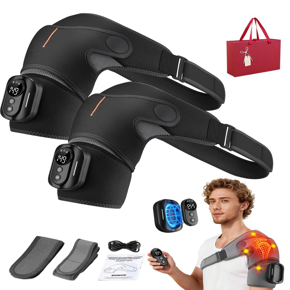 TRIPLE METHOD Shoulder Massager - Heat Therapy, Shiatsu Kneading, Cordless Shoulder Massager, Remote Control One-Button Operation, Adjustable Shoulder Straps (2pcs Black)