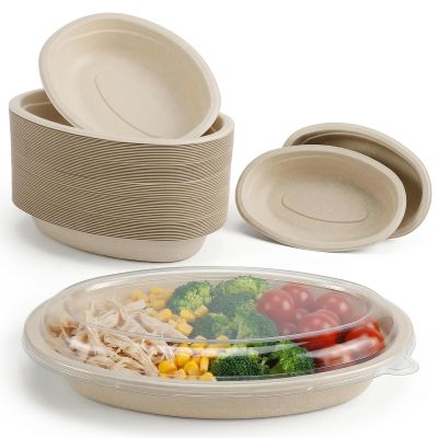 Kifmurase 50 Pack 28oz Oval Paper Bowls with Lids, Disposable Food Containers Chipotle Bowl Microwavable Meal Prep Containers for Burrito, Salads, Taco, Lunch (50 Bowls 50 Lids)