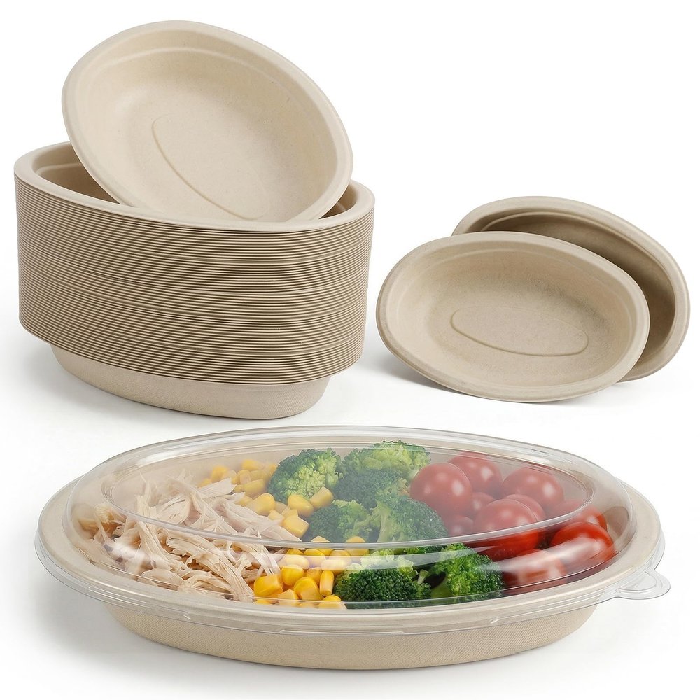 Kifmurase 50 Pack 28oz Oval Paper Bowls with Lids, Disposable Food Containers Chipotle Bowl Microwavable Meal Prep Containers for Burrito, Salads, Taco, Lunch (50 Bowls 50 Lids)