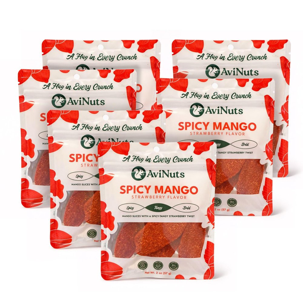 AviNuts Spicy Mango Dried Fruit Snack, Mango Slices with Strawberry Chili Flavor, 2 oz, Pack of 6 (12 oz Total)