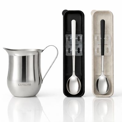 CAFECITO Espumita Ritual Set with Spoon Cases Cuban Coffee Preparation Kit with 6 oz Stainless Steel Crema Pitcher & 2 Espresso Whisking Spoons (Black & White) with Portable Storage Cases