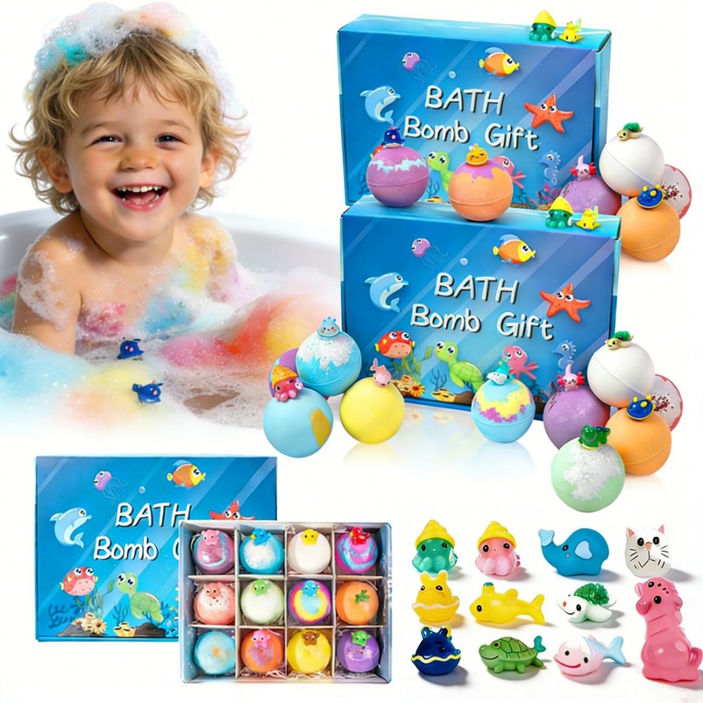 Natural Bath Bombs for Kids, Bath Bomb with Surprise Inside, 12-Pack Surprise Bath Bombs for Kids, Ocean Theme Bathes Fizzies Natural Sea Salt Color Changing Spa Bathing Balls (B 2PC)