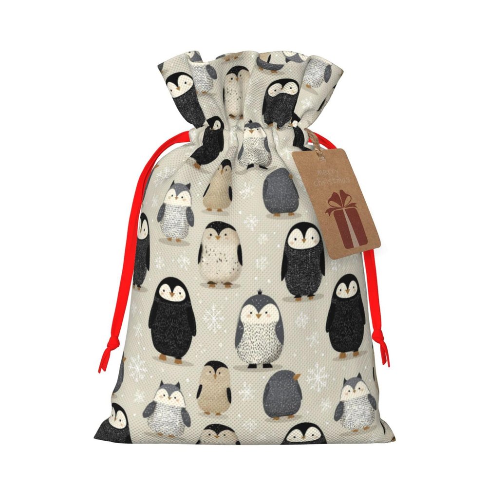 Moxquju Snow Penguin (2) Print Christmas Drawstring Gift Bags, Reusable Candy Treat Bags For Holiday Birthday Party