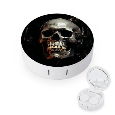 KNASNCHD Eerie Scary Skull Contact Lens Case Portable, Eyeglasses Case with Built-in Mirror, Contact Lens Box with Tweezers And Solution Bottle for Daily Outdoor (Round)